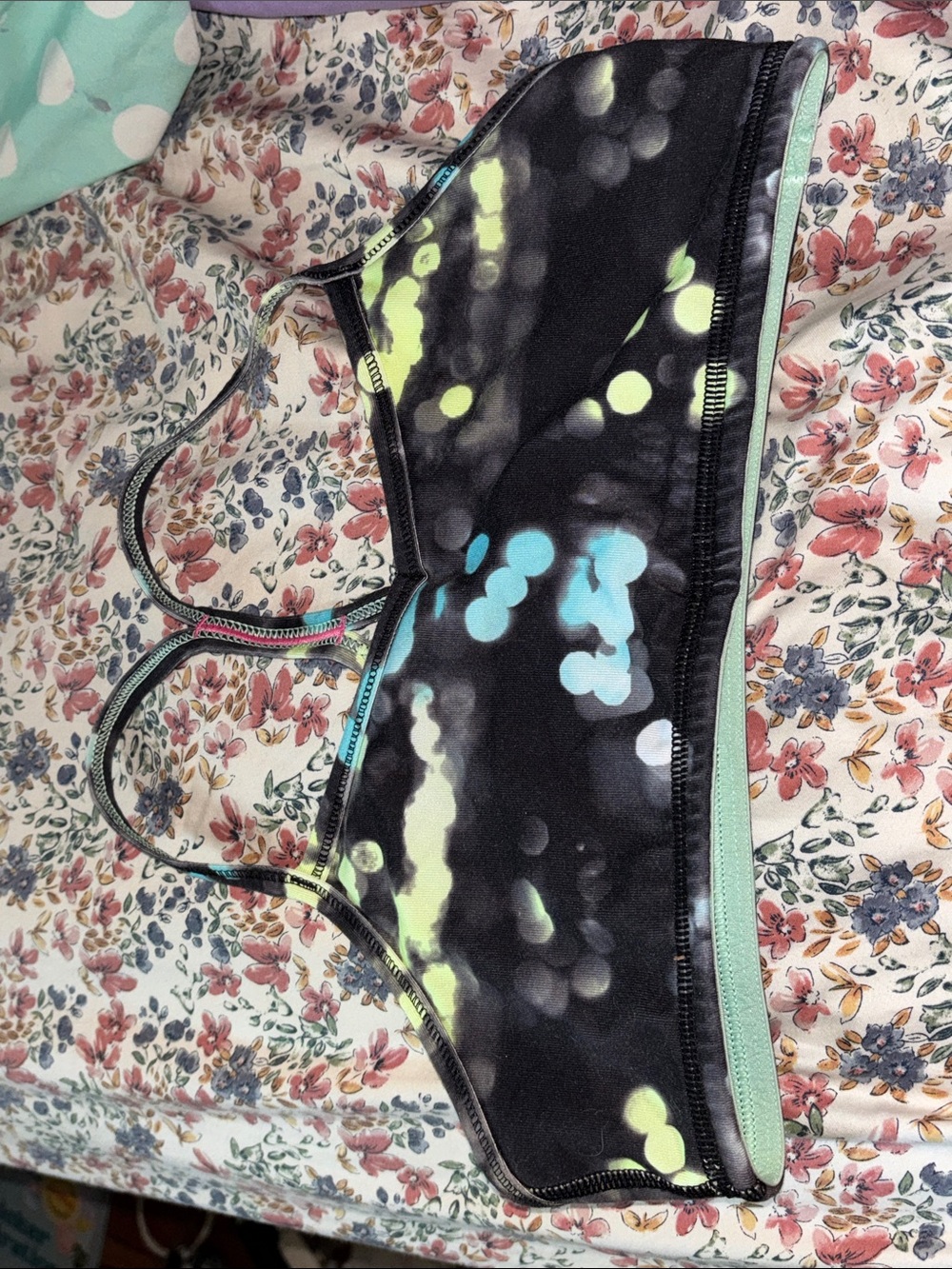 Ivivva Black Bokeh Print Sports Bra with Mint Trim
